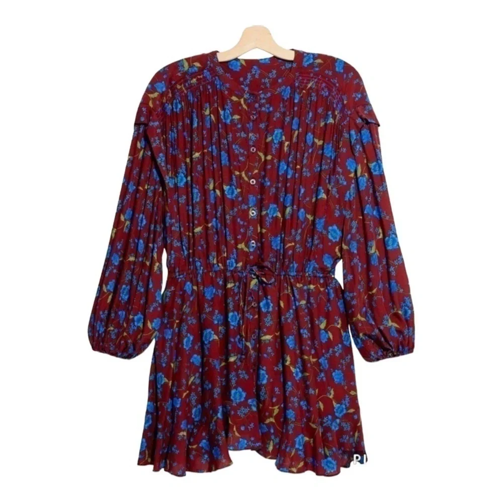 Free People Burgundy Blue Floral Long Sleeve Tie Waist Mini Dress Small